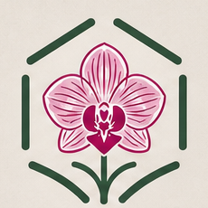 Símbolo RANSUMI: una orquídea magenta dentro de una estructura verde